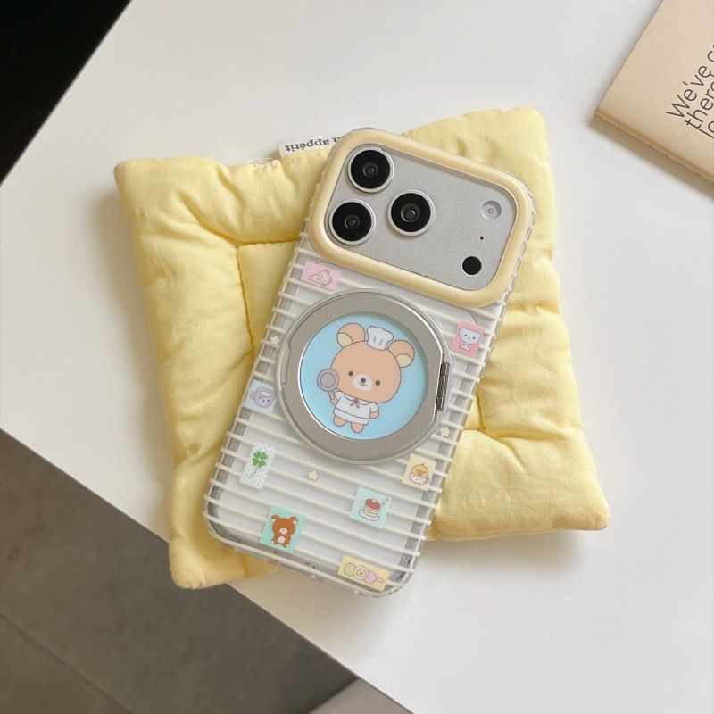 11 p.m.| ins萌萌可愛黃色條紋 廚師小熊 360度支架 iPhone手機殼（15-18）