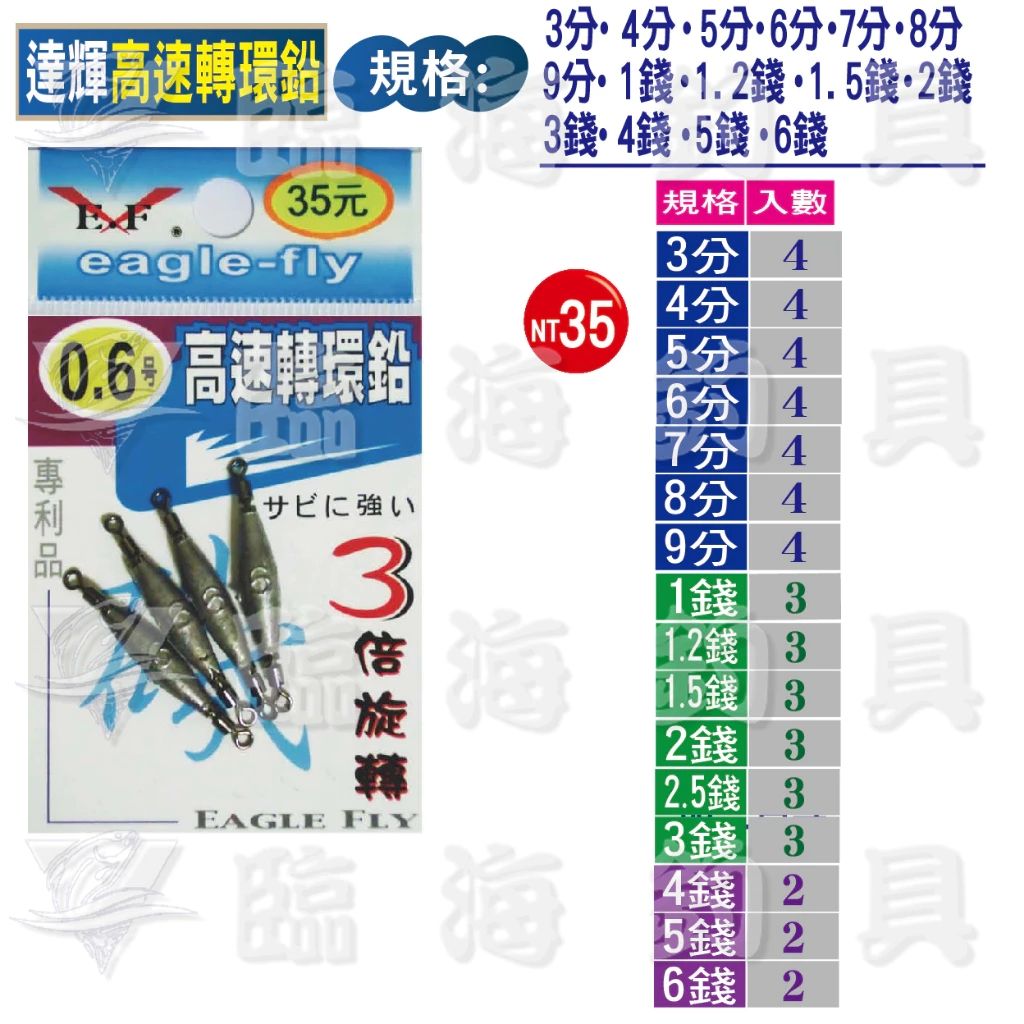 臨海釣具 24H營業 展鷹 達輝 高速轉環鉛 3分~6錢 快速轉環鉛 轉環鉛