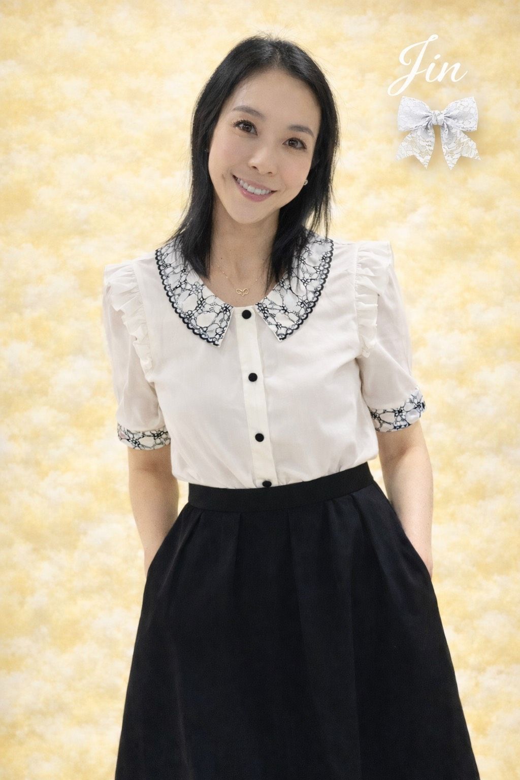 正韓春夏白襯衫拚黑蕾絲領