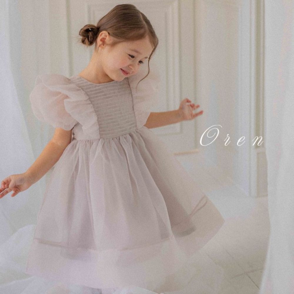 韓國童裝｜Oren法式優雅打褶透感歐根紗洋裝📏 尺寸  S-M-L-XL 霧灰奶茶色