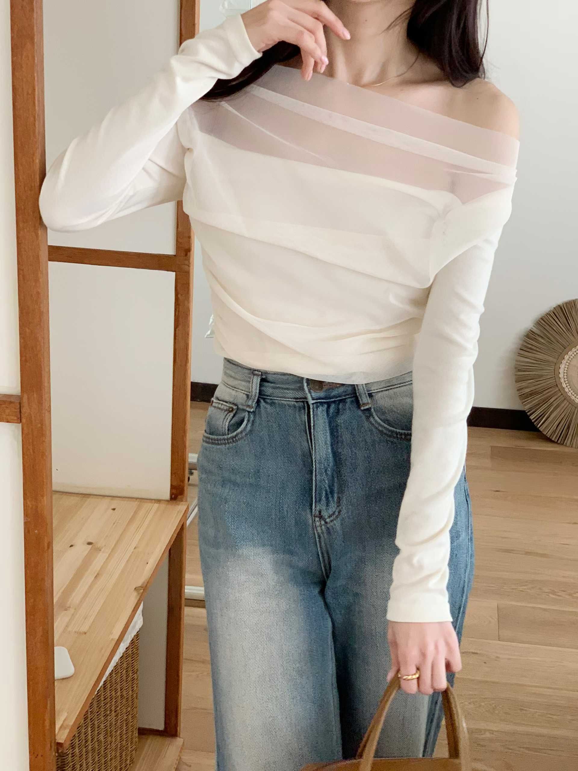 現貨 | 𝑩𝑹𝑷網紗拼接抓褶一字領上衣