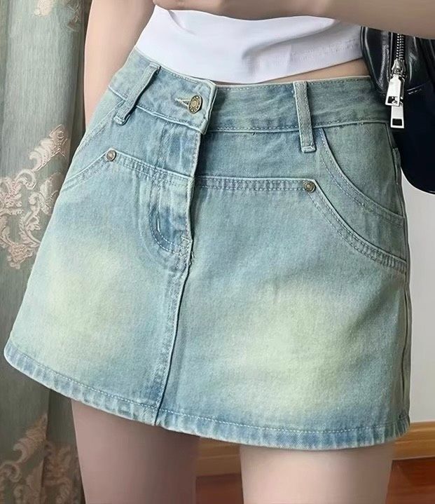 刷白牛仔梯形短褲裙