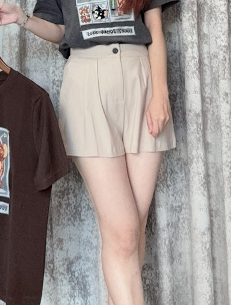 棉質前打折杏卡其後鬆緊休閒短褲