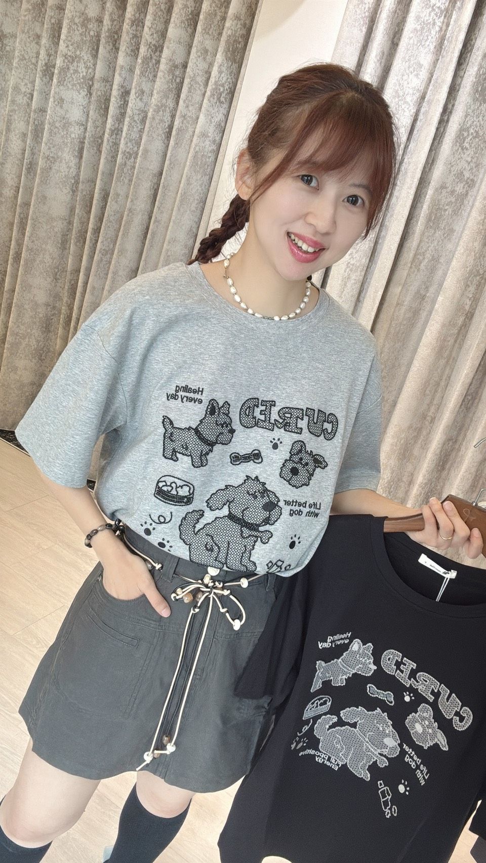 狗狗線圈刺繡串珠點綴中長版圓領棉Ｔ恤短袖上衣