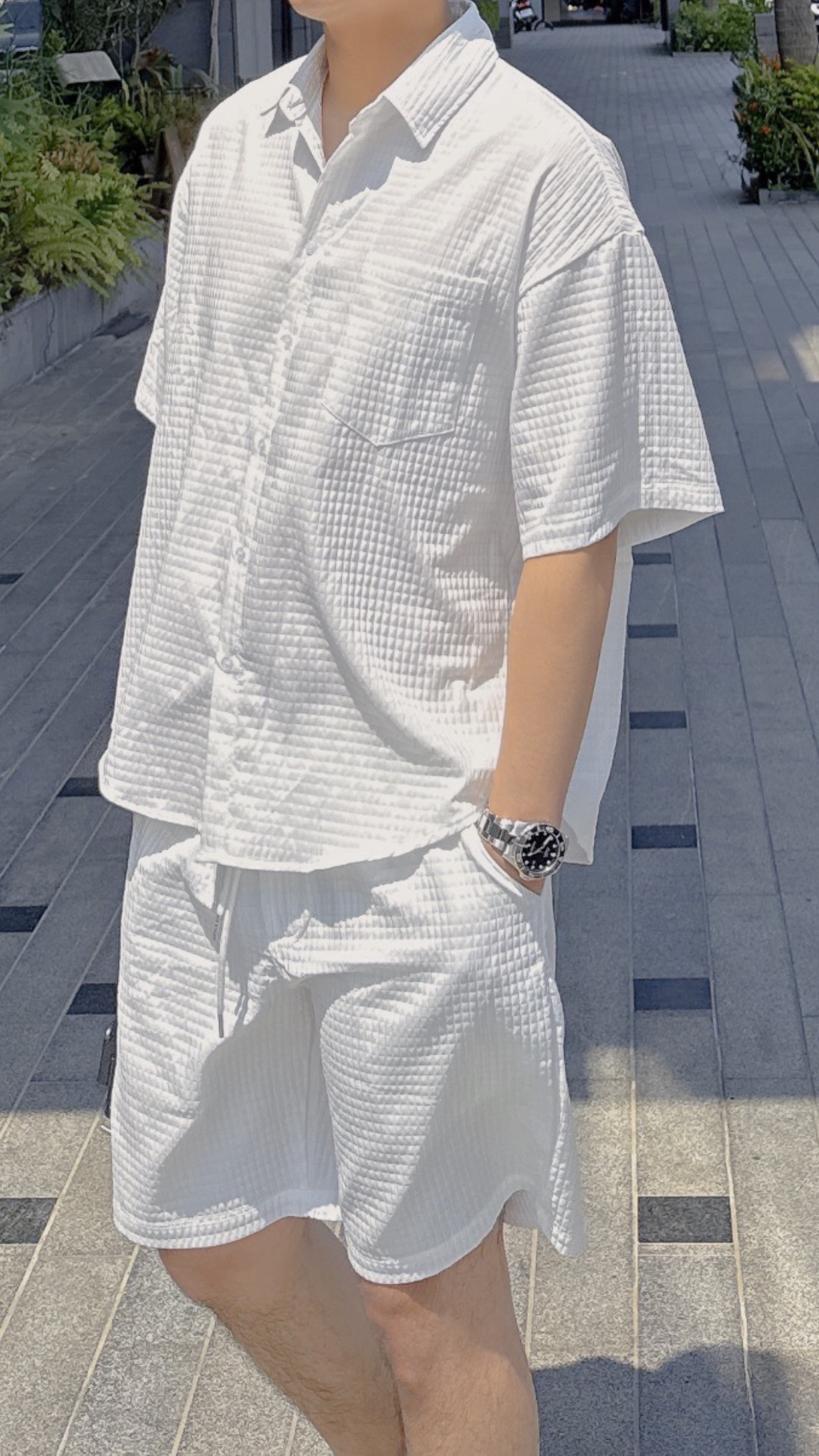 夏日鬆弛感-華夫格排扣鬆緊腰套裝