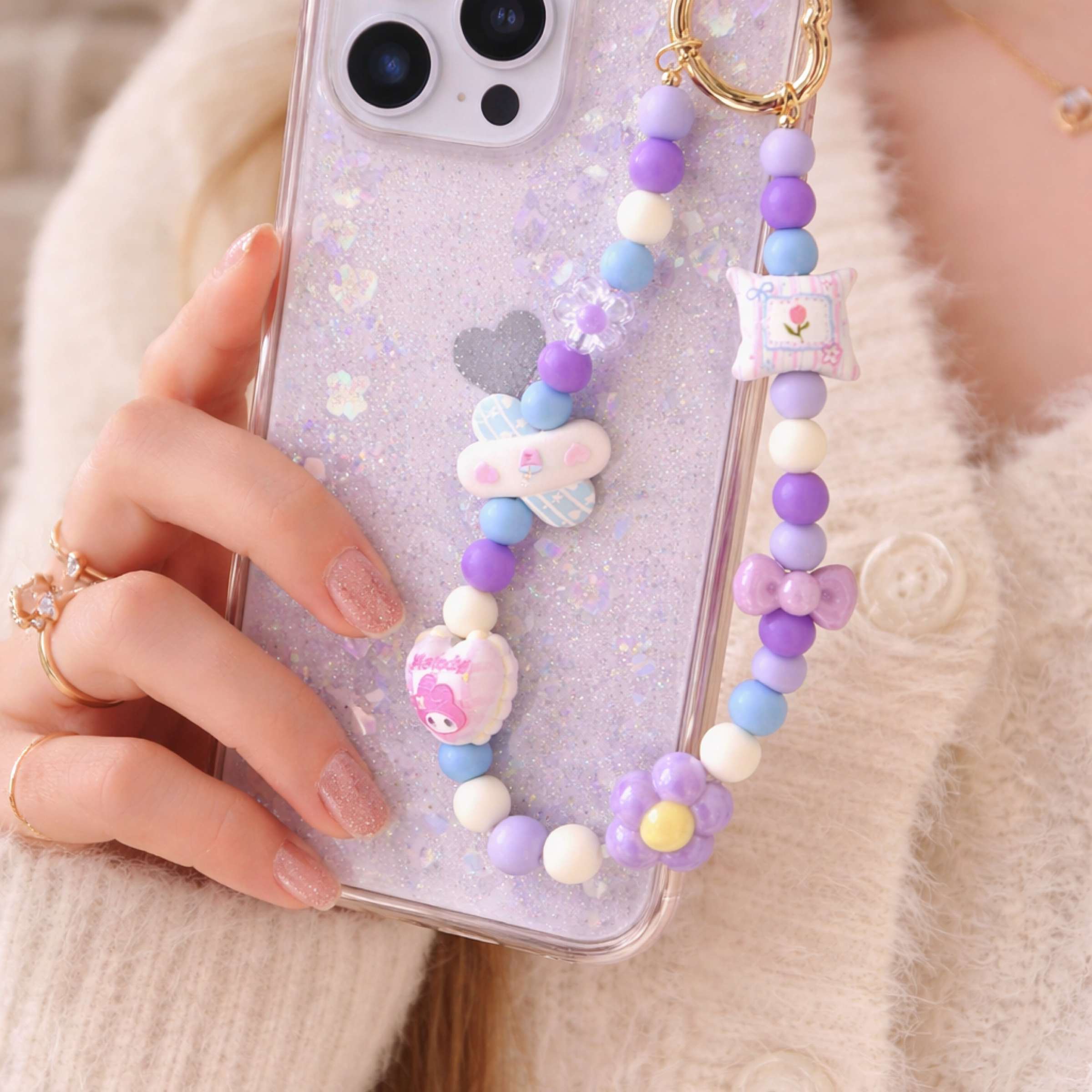 手作手機掛繩｜美樂溫柔紫可愛串珠款｜手機手腕繩 吊飾 掛繩 防摔