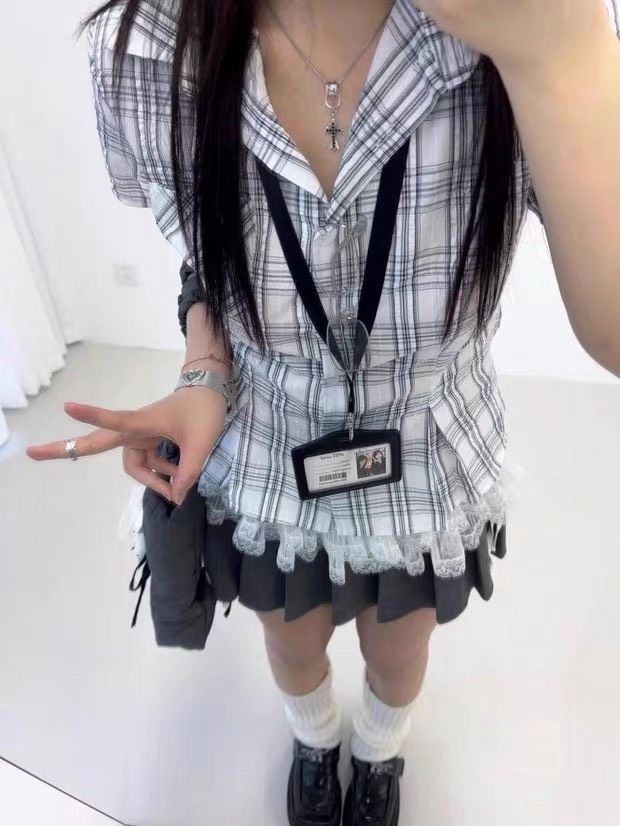 ꒰學院風灰色格子溫柔襯衫꒱早春必入
