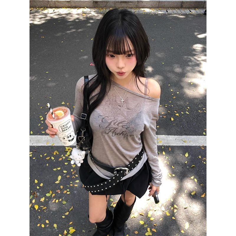 ꒰韓系輕亞翅膀印花露肩修身上衣꒱