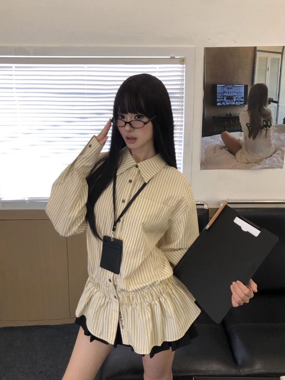 ꒰韓系復古條紋長袖收腰襯衫 ꒱