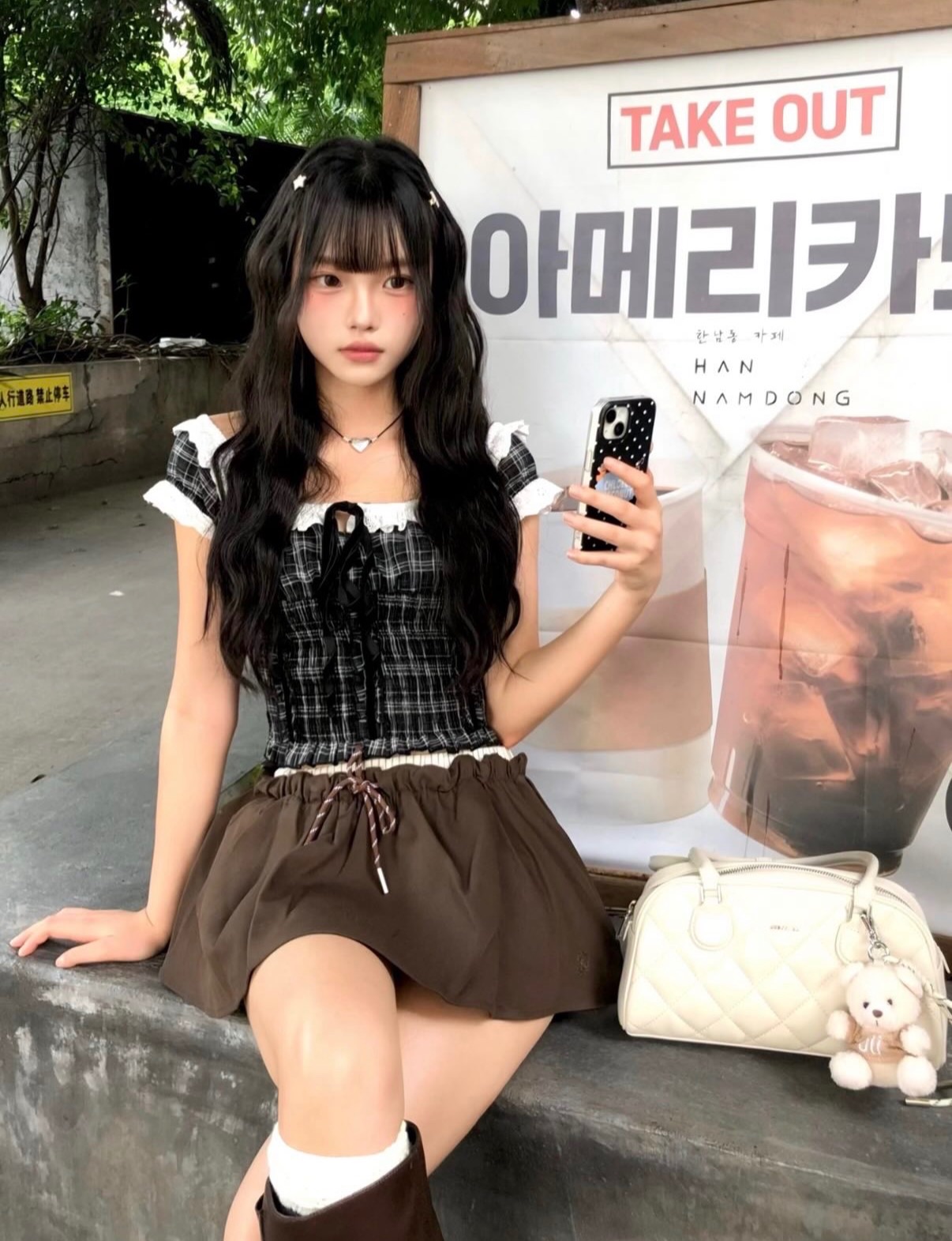 韓女必備💌꒰韓系黑白格紋收腰花邊襯衫꒱