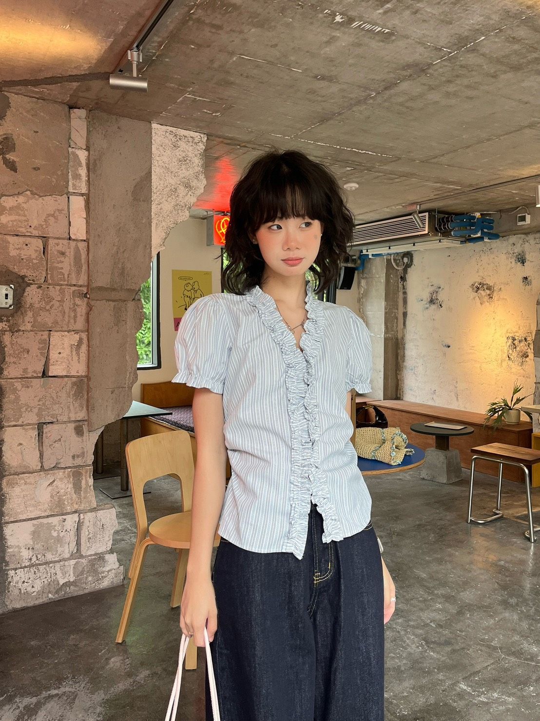 ꒰韓系條紋花邊泡泡袖襯衫꒱兩色