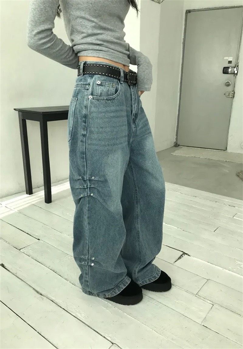 ꒰韓系水洗做舊側邊壓釘牛仔褲꒱