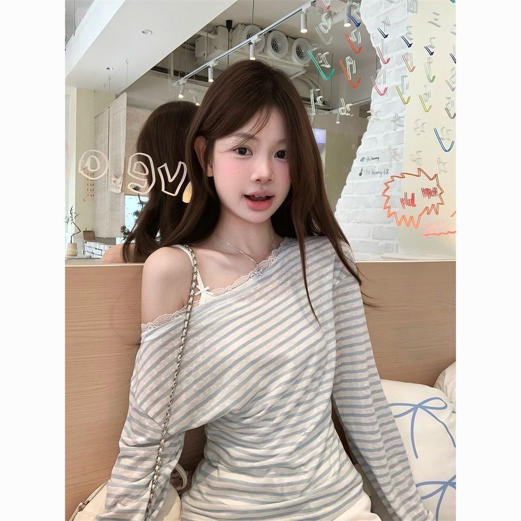 ꒰韓系藍色條紋露肩罩衫꒱