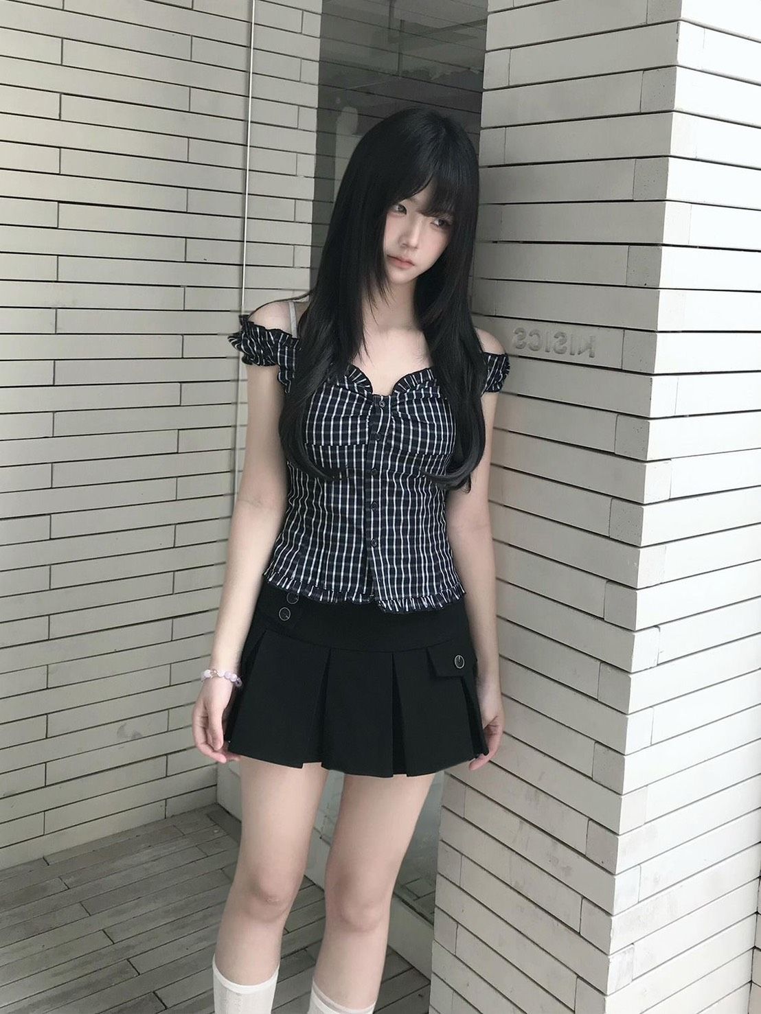 ꒰韓系甜美格紋一字肩修身襯衫꒱