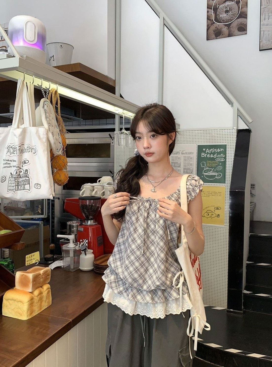 ꒰韓系格紋花邊蝴蝶結綁帶上衣꒱