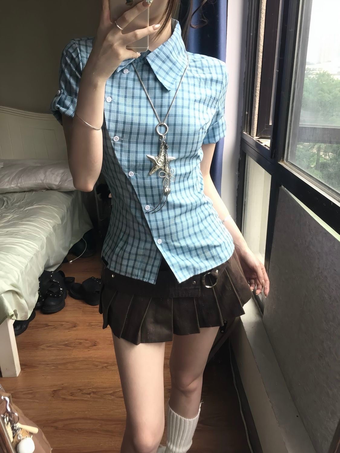 ꒰學院風特別斜邊設計水藍套裝꒱♡襯衫+短裙