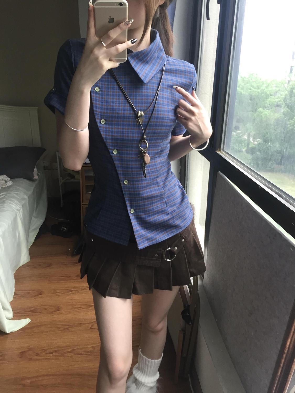 ꒰學院風特別斜邊設計深藍套裝꒱♡襯衫+短裙
