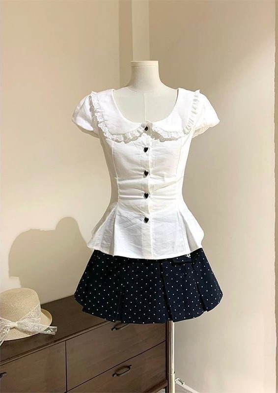 ꒰甜美娃娃領愛心鈕扣波點套裝꒱♡