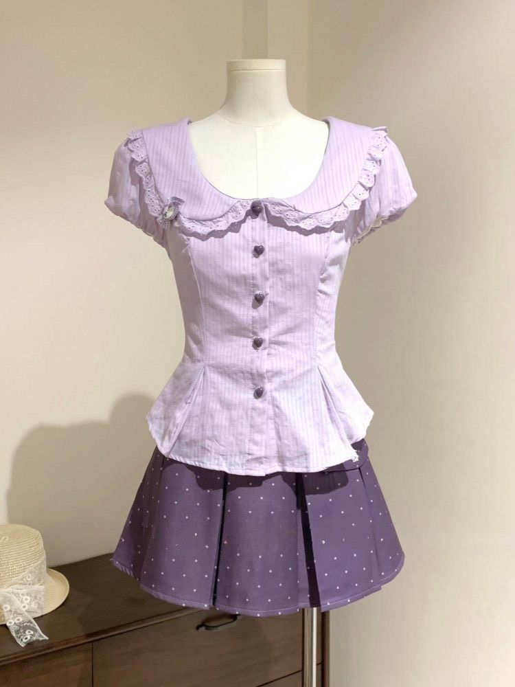 ꒰甜美紫色學院風套裝꒱♡襯衫 （愛心鈕扣）+短裙