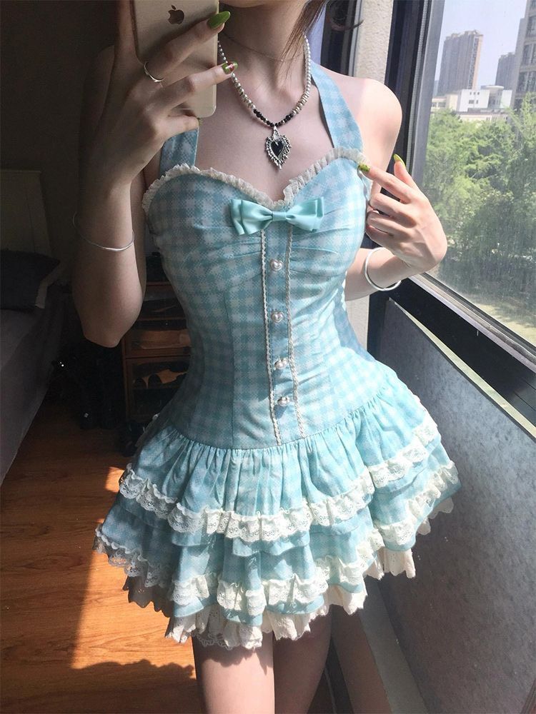 ꒰夏日薄荷古早感蝴蝶結蛋糕甜美重工連衣裙꒱♡