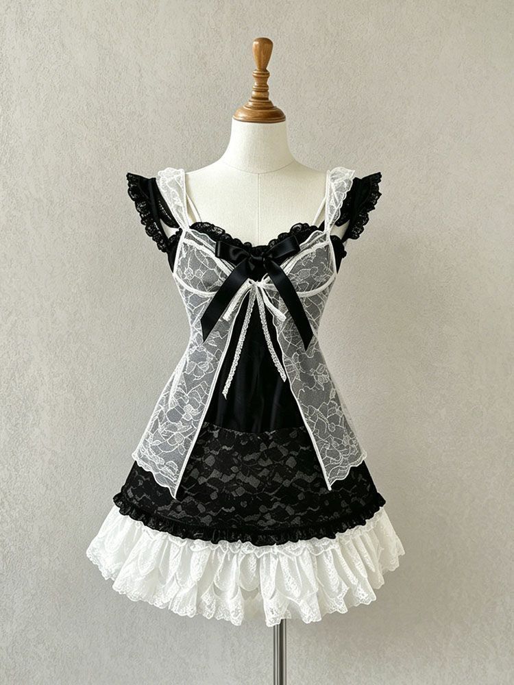 ꒰復古蝴蝶結蕾絲拼接連衣裙套裝꒱♡開衫+連衣裙