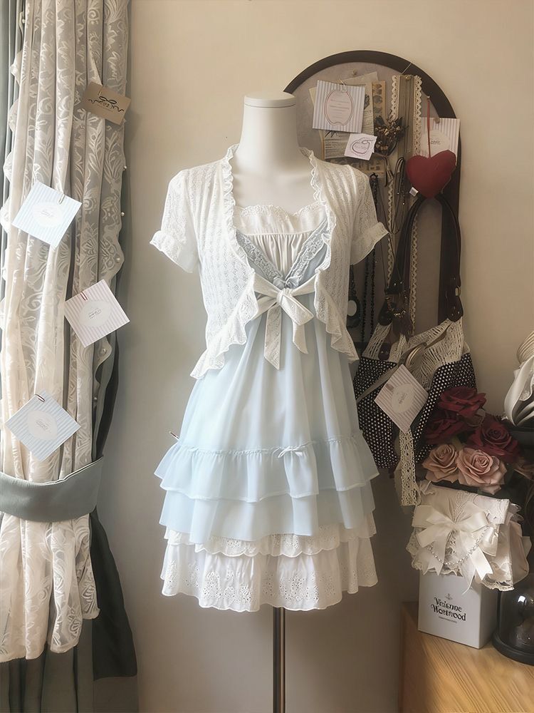 ꒰日系甜美薄荷蕾絲疊穿套裝꒱♡開衫+吊帶+連衣裙