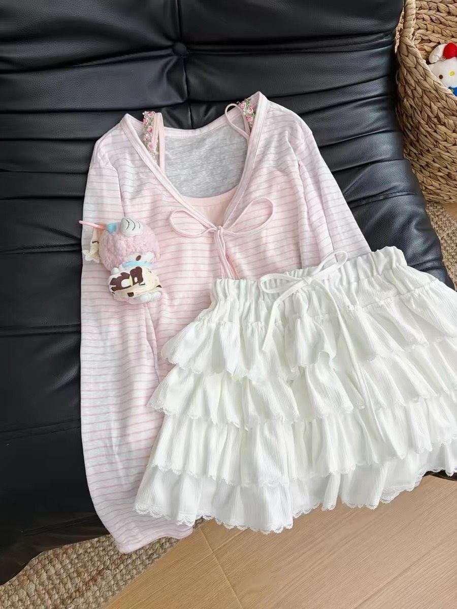 ꒰夏日甜美粉嫩嫩套裝꒱♡罩衫+背心+短裙