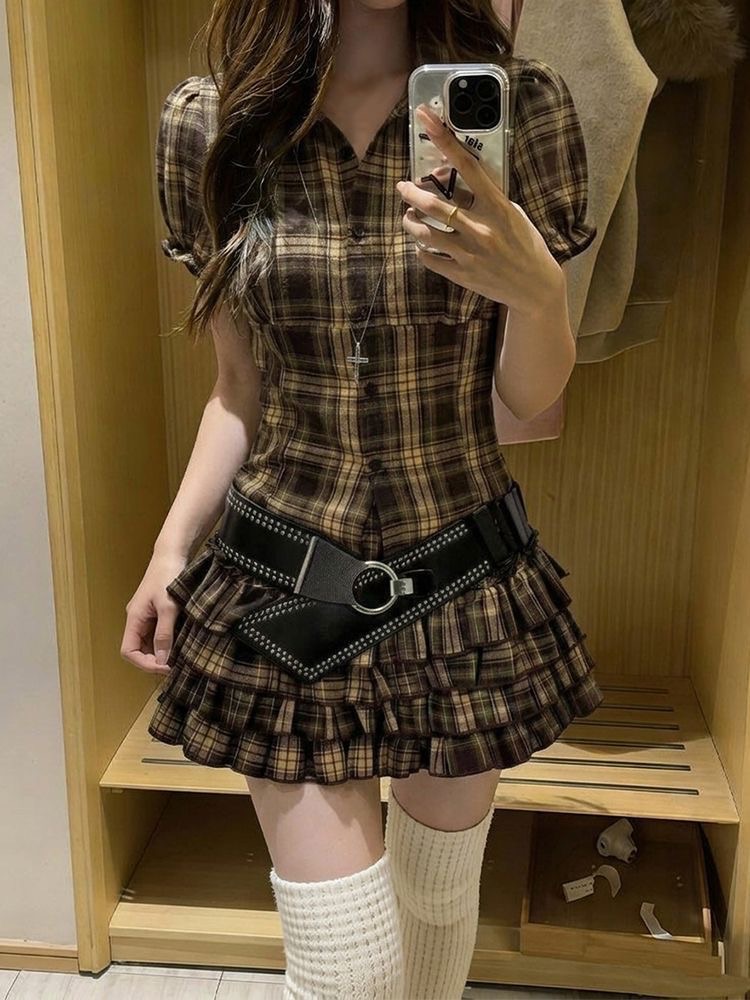 ꒰古早咖色格紋蛋糕裙套裝꒱♡格紋襯衫+蛋糕裙