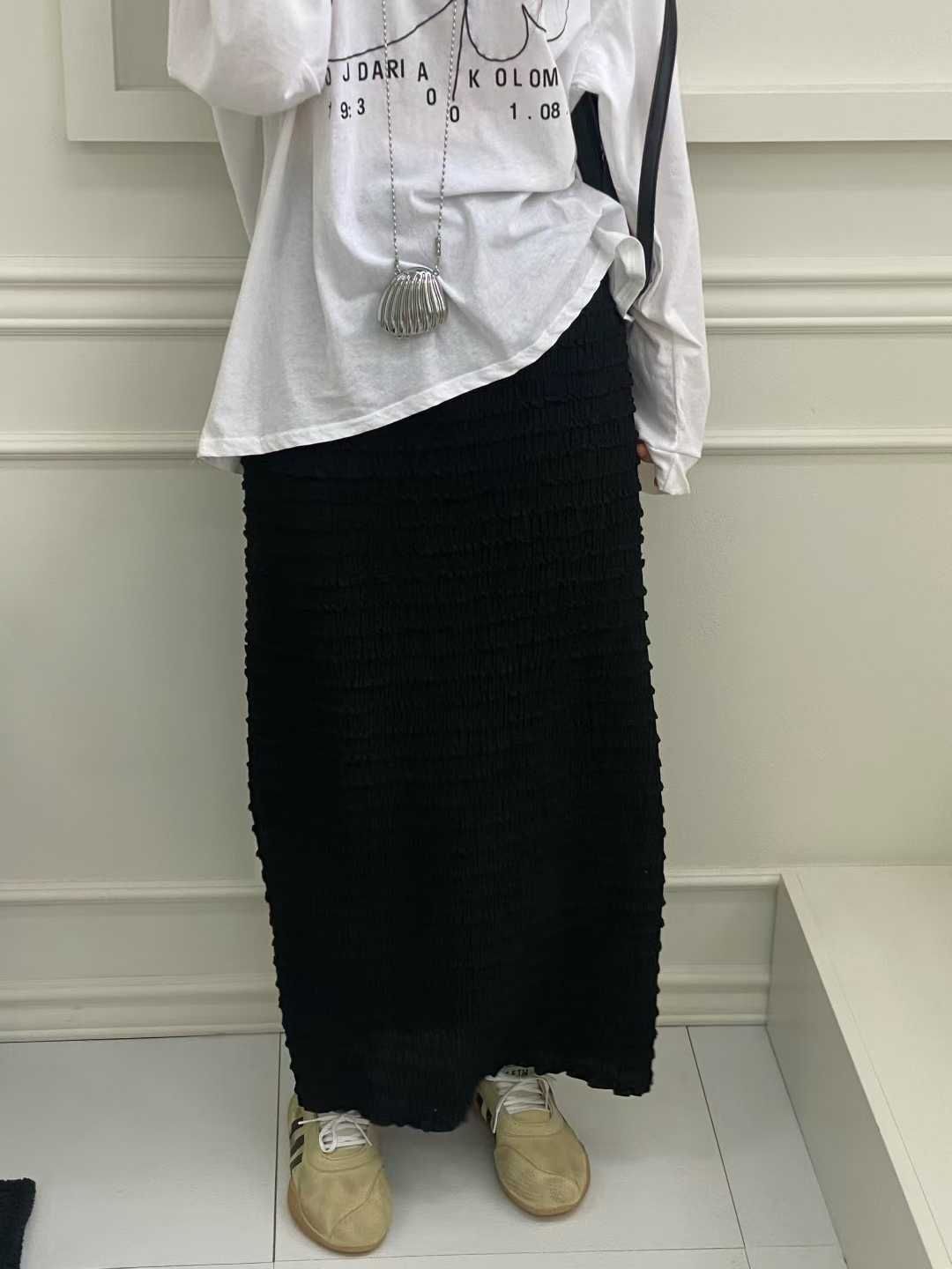 A27*細摺紋彈性長裙（象牙白/灰綠/黑）