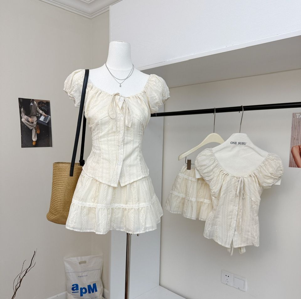 甜辣風短袖娃娃襯衫+短裙兩件套裝