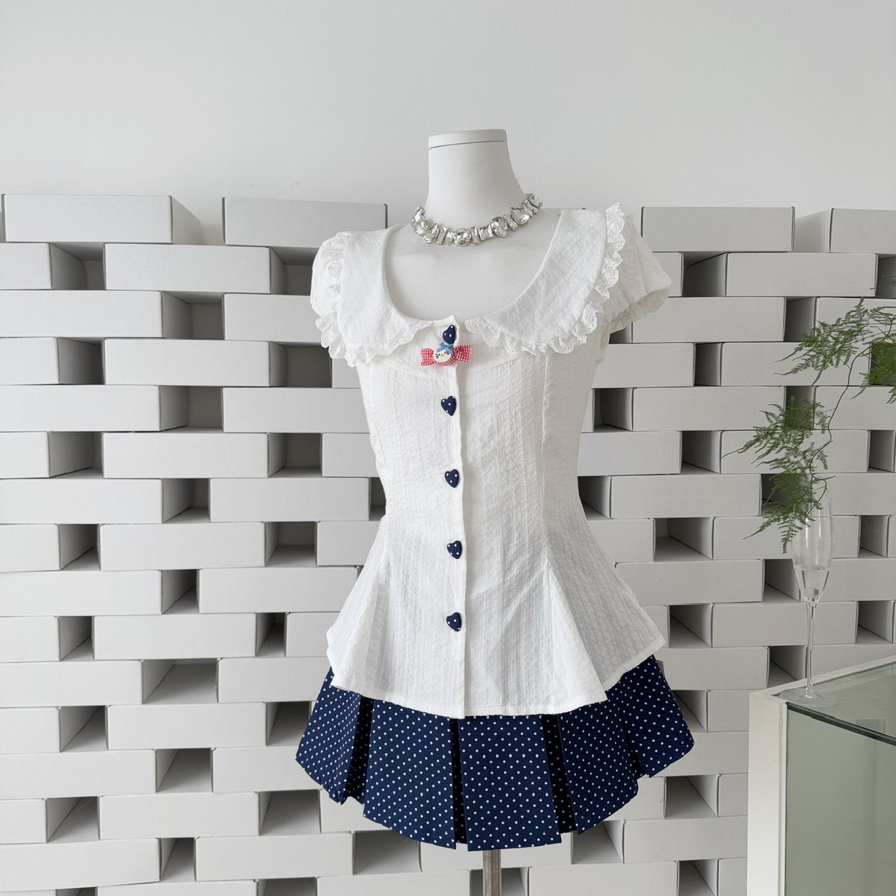 甜美娃娃領短袖上衣+高腰裙褲兩件套裝