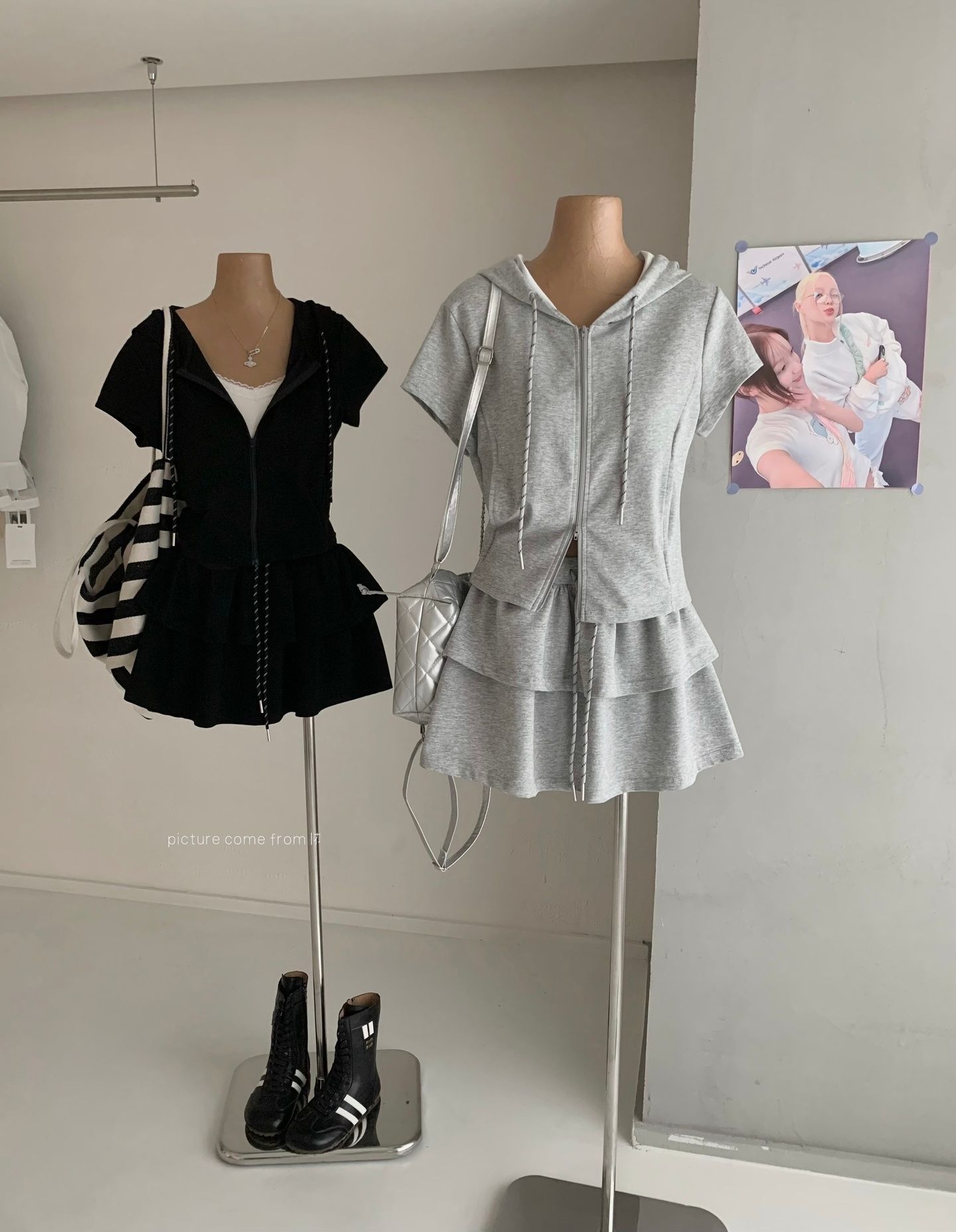 休閒風連帽短袖上衣+短裙兩件套裝