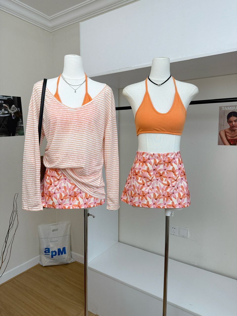 慵懶風條紋上衣+吊帶背心+短裙三件套裝