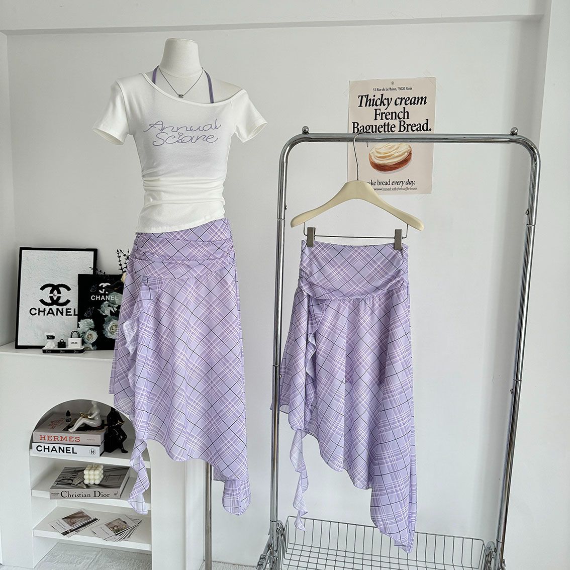 渡假風斜肩上衣+吊帶背心+格子不規則裙三件套裝