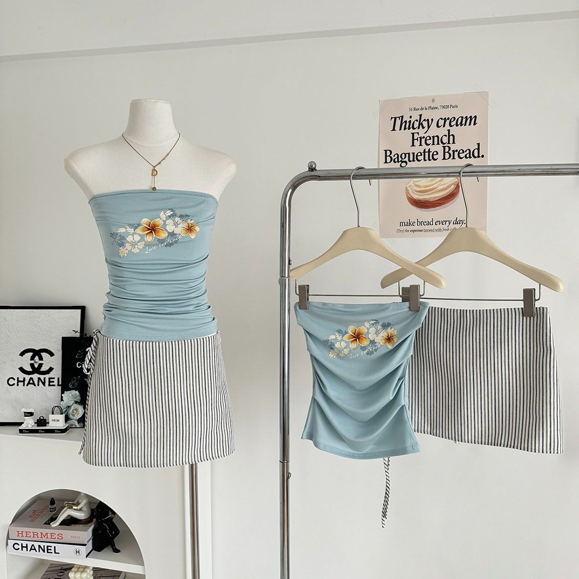 渡假風平口印花背心+條紋短裙兩件套裝