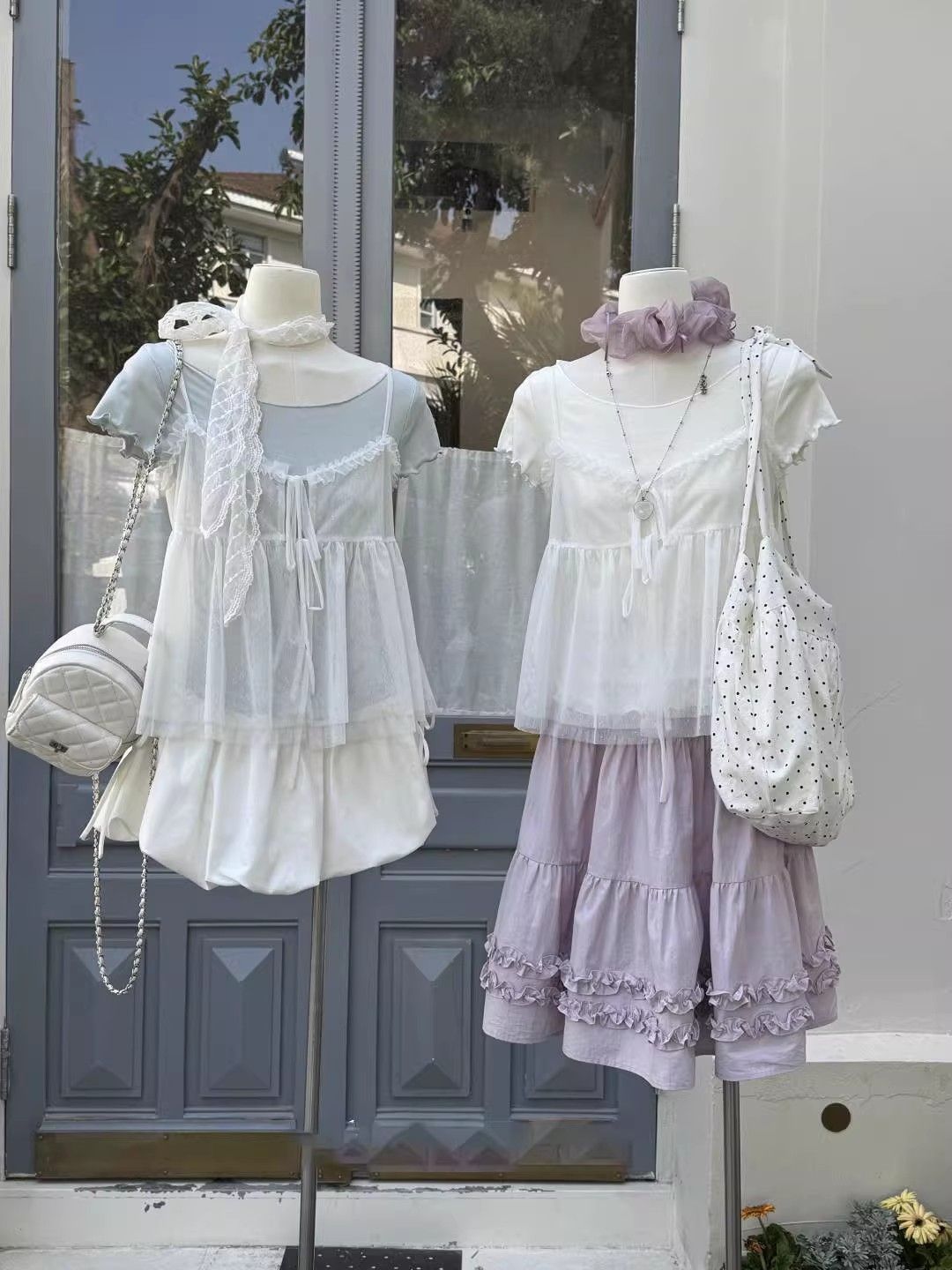 甜美木耳邊短袖上衣+吊帶兩件套