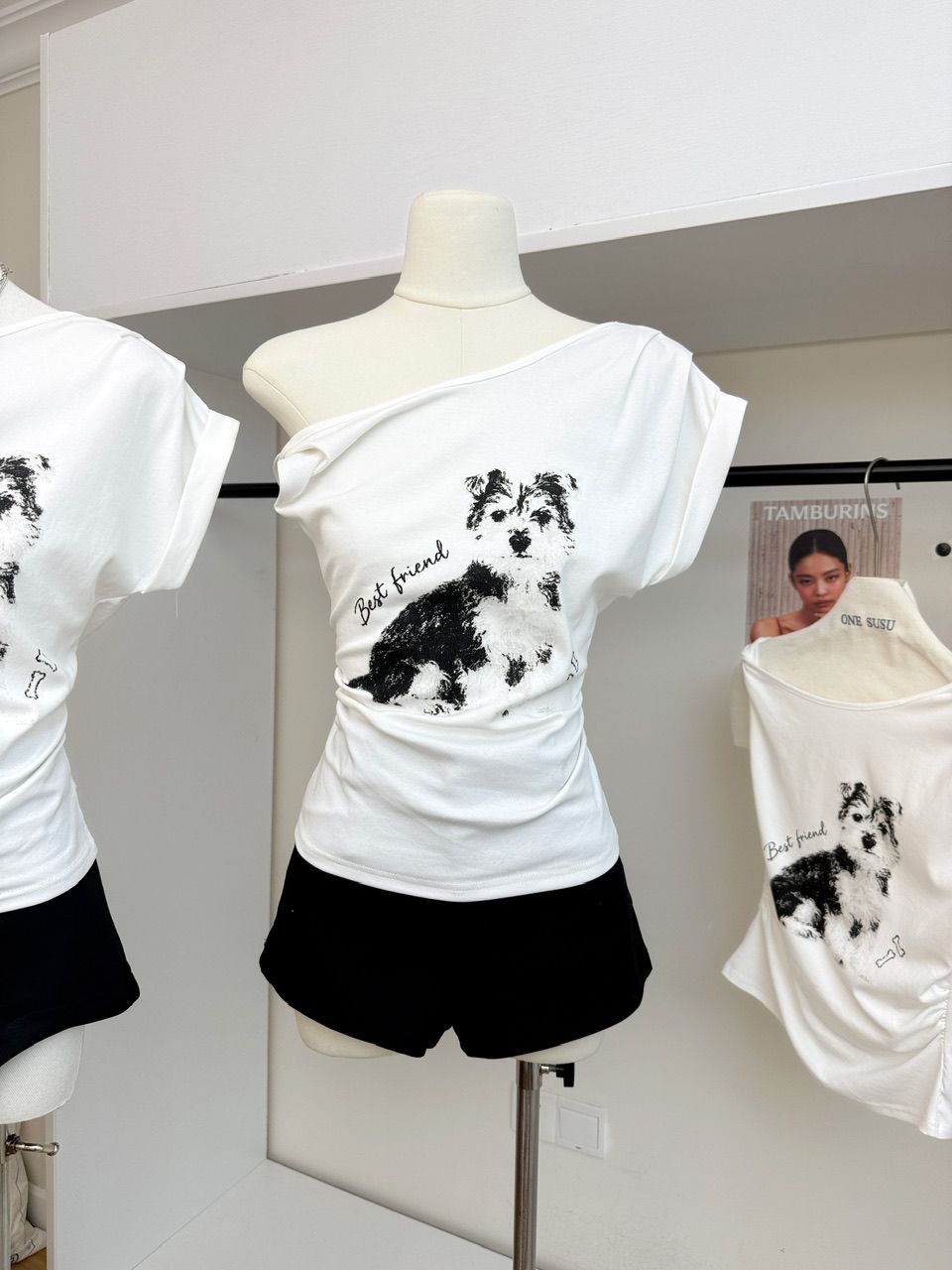 甜酷風狗狗斜肩上衣