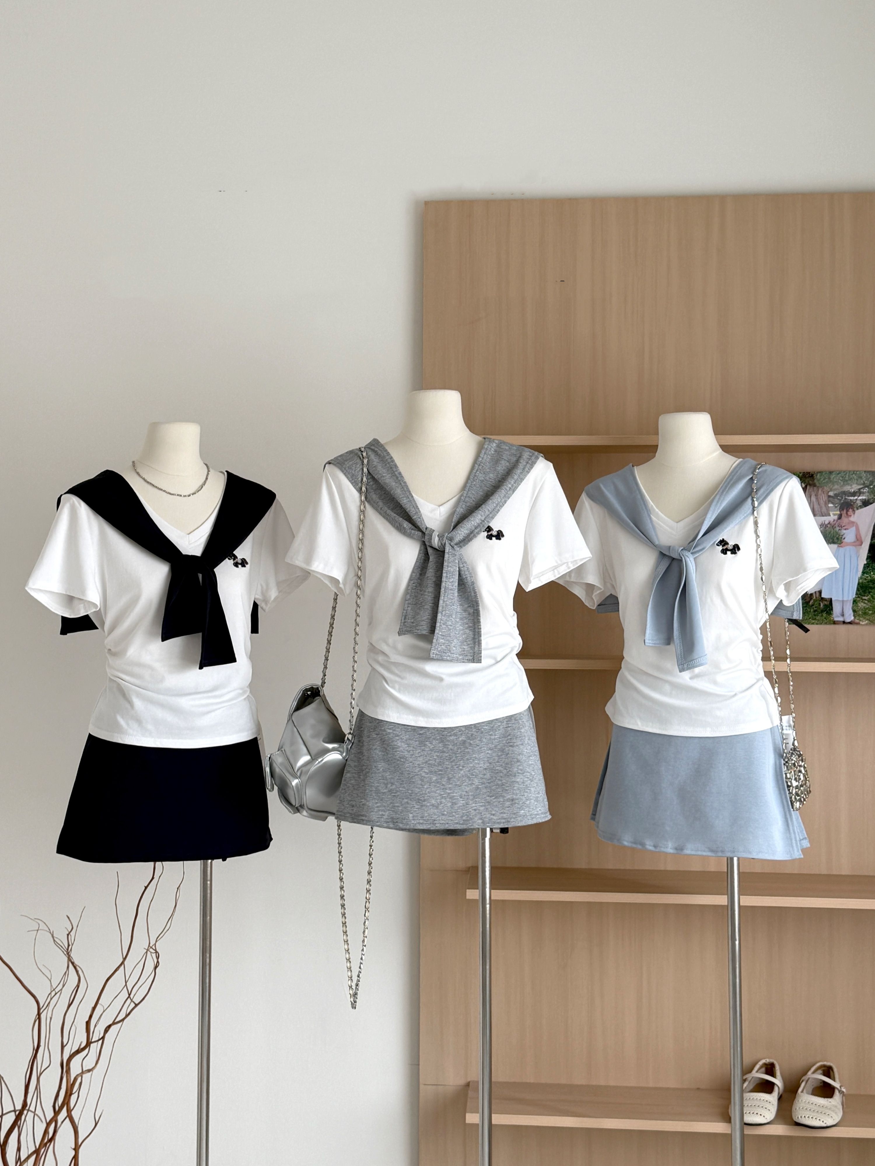 休閒風白色T恤+披肩+短裙三件套裝