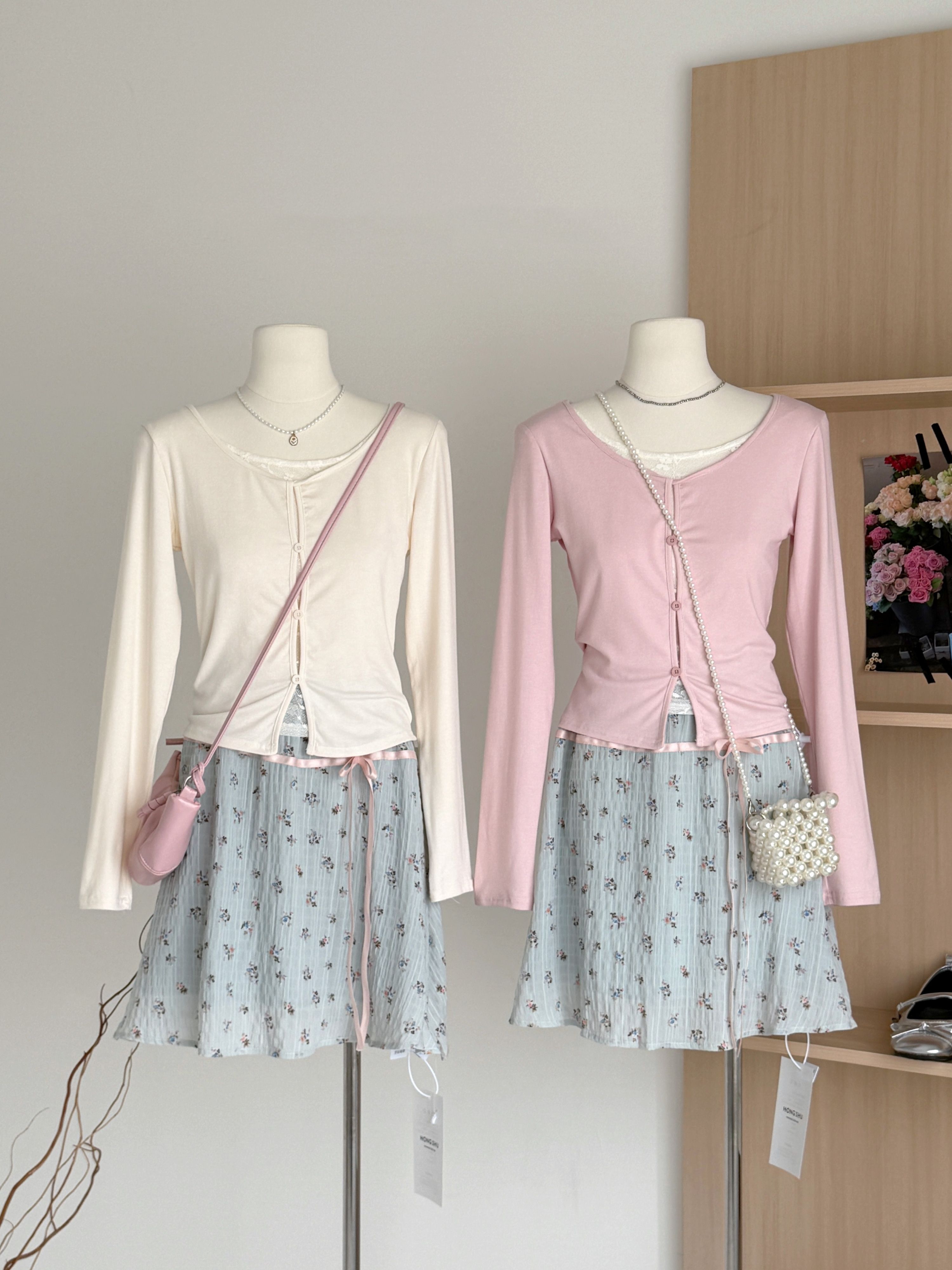 甜美假兩件長袖上衣+碎花短裙兩件套裝