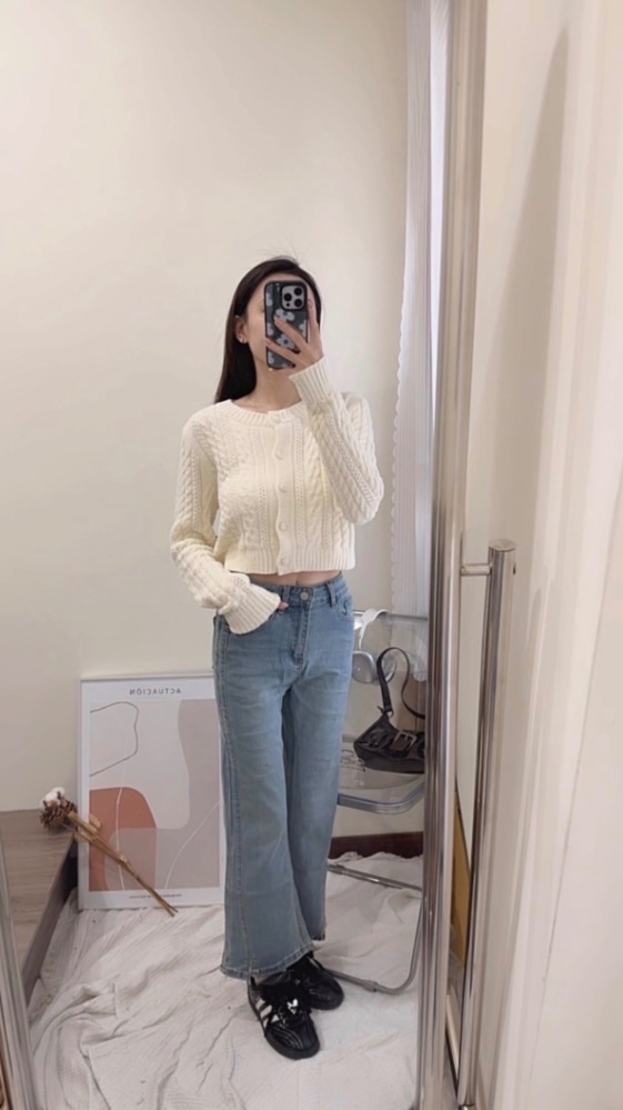 ✨小個子友善🛒彈力車線側開衩微喇牛仔褲
