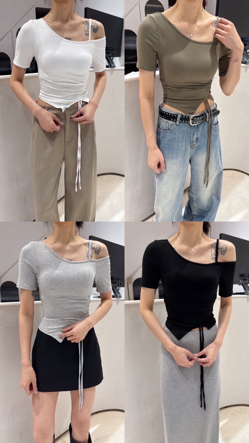 🛒斜肩抽繩縮腰胸墊上衣