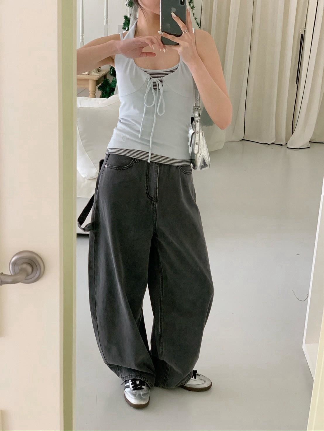 🛒條紋拼接假兩件繞脖背心