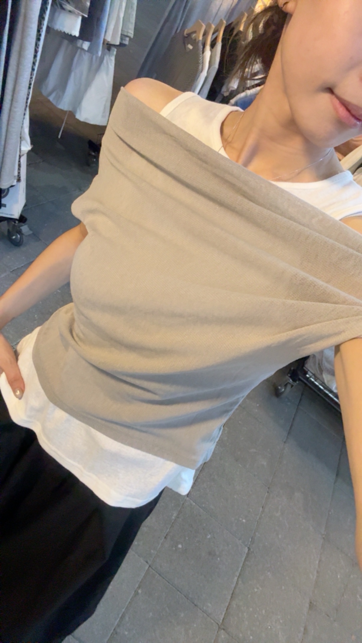 🛒網紗假兩件斜肩上衣