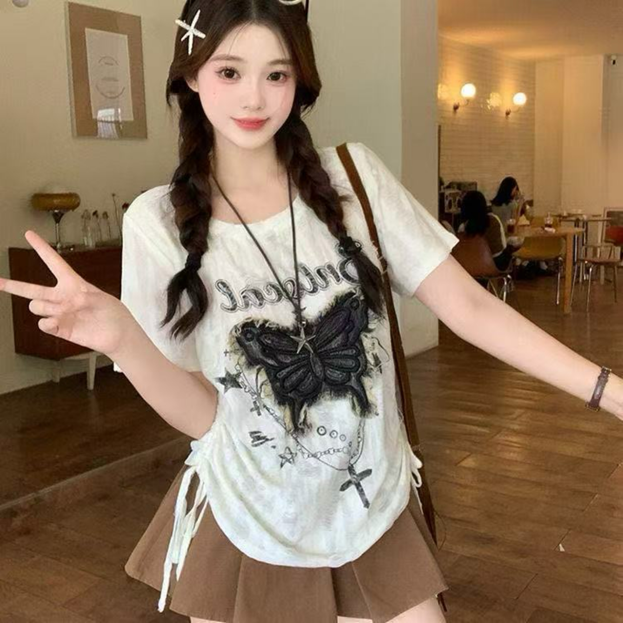 美式復古蝴蝶抽繩上衣