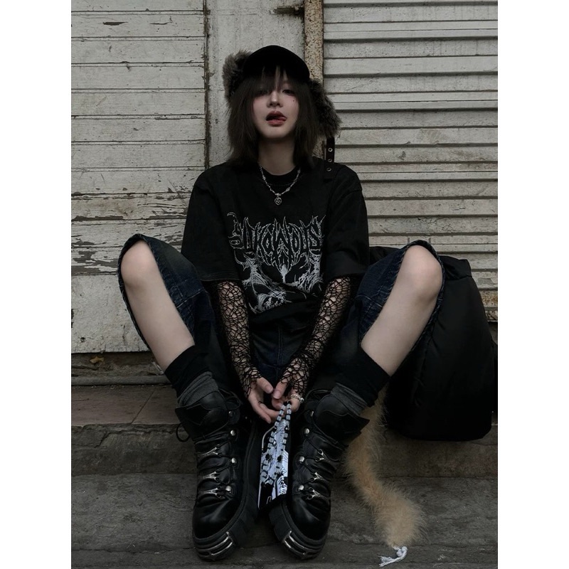 【Eternity】龐克暗黑美式复古水洗黑色印花t恤 十字架火焰短袖 街頭嘻哈五分袖上衣