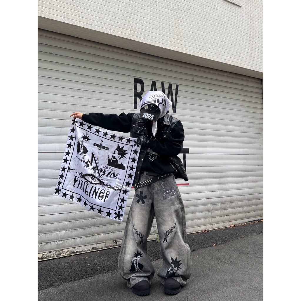 龐克水洗塗鴉印花噴漆 小眾髒染3D設計紋理長褲 個性彎刀褲 牛仔寬褲