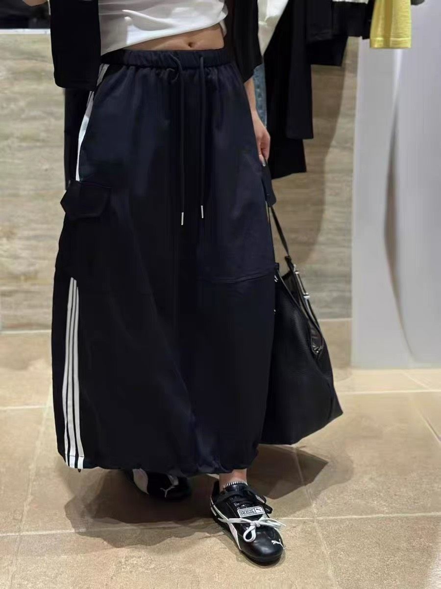 側拼白線條下擺可抽縮口工裝長裙子