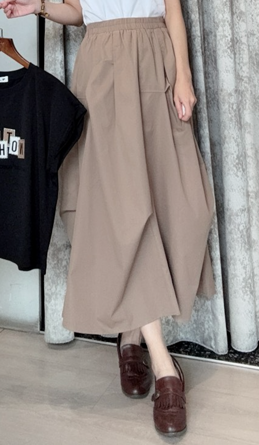 抓折設計感杏卡其腰全鬆緊花苞裙長裙子
