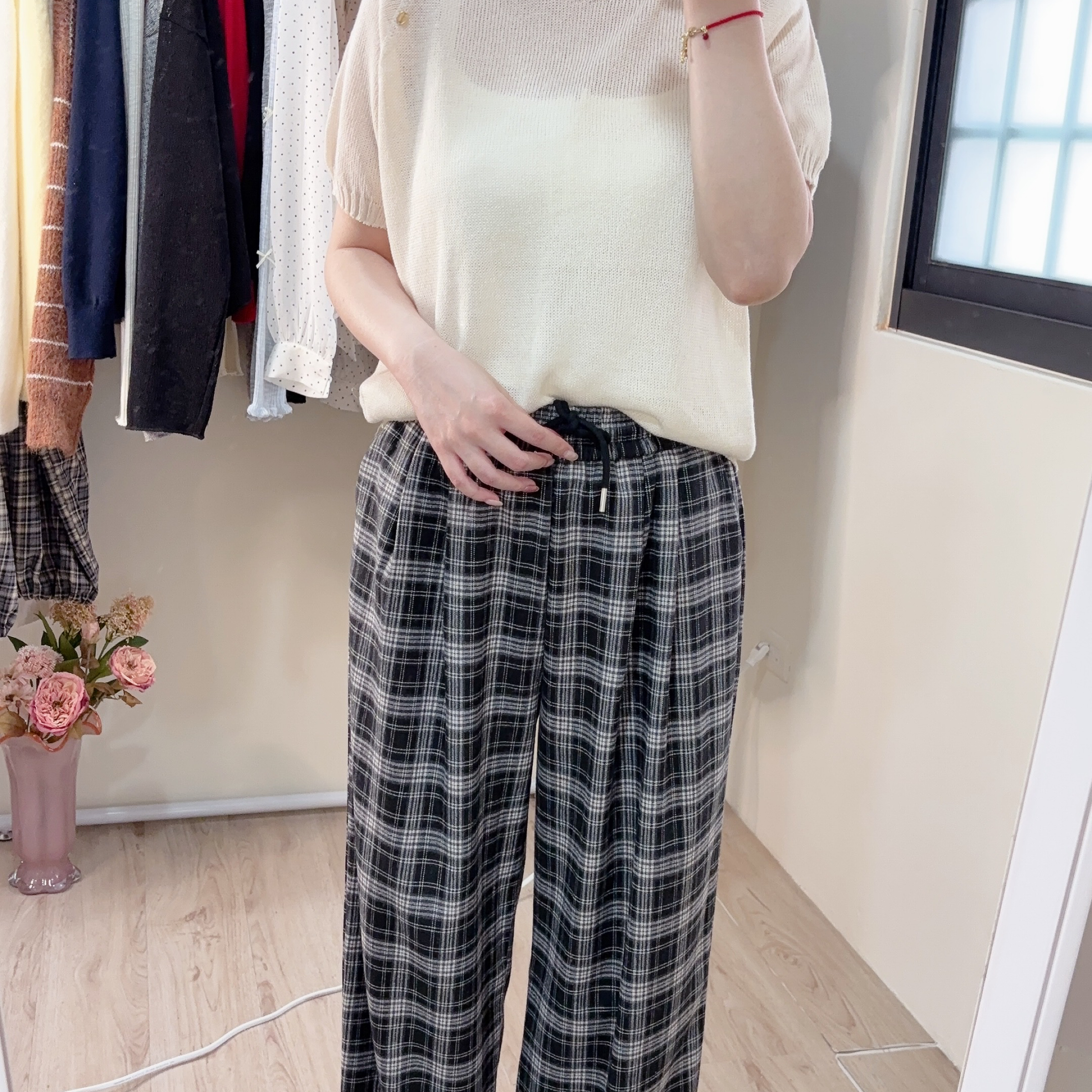 ohni13-現貨 黑白蘇格蘭格紋寬褲