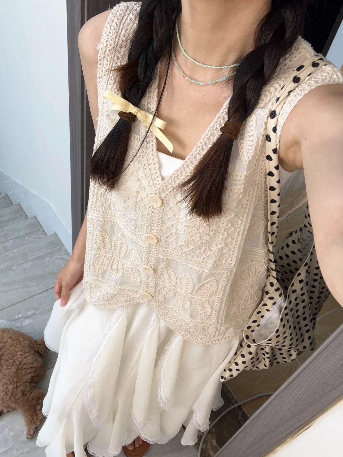 幾何拼塊蕾絲鉤針排扣背心